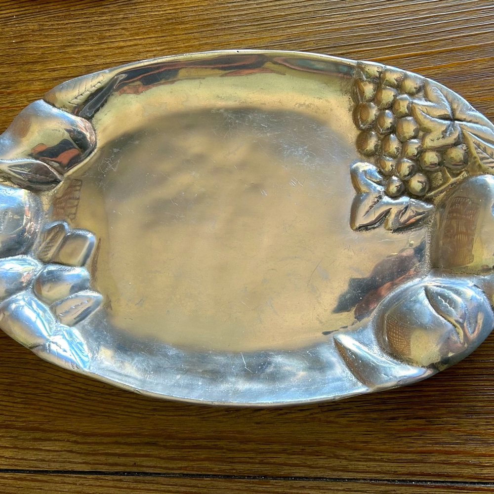 Silver Oval Decorative Tray with Fruit Design